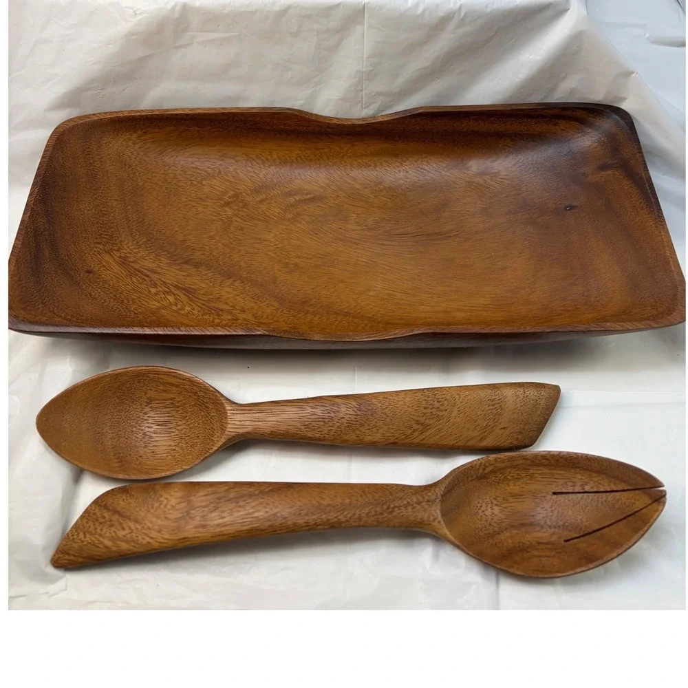 Vintage Rosas Philippine Handicrafts Monkey Pod Wood Serving Tray & Salad Server